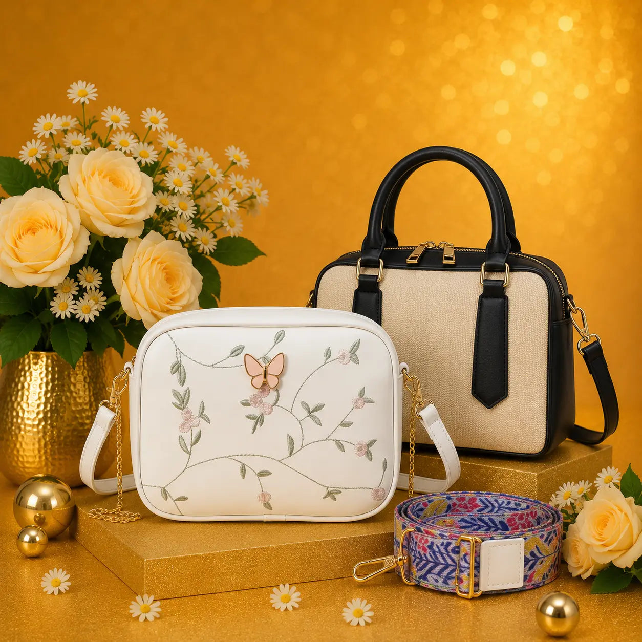 Luxury Everyday Bag Combo-Crossbody + Top Handle + Floral Strap