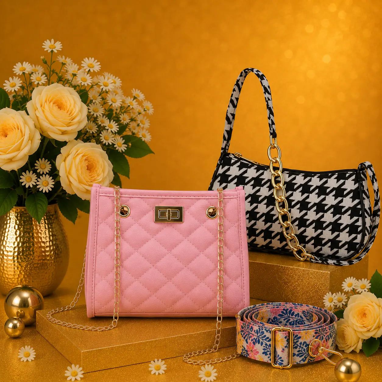 Luxury Everyday Bag Combo-Crossbody + Top Handle + Floral Strap