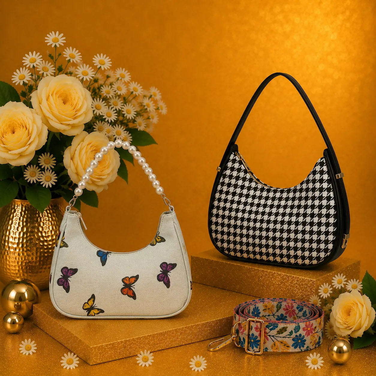Luxury Everyday Bag Combo-Crossbody + Top Handle + Floral Strap