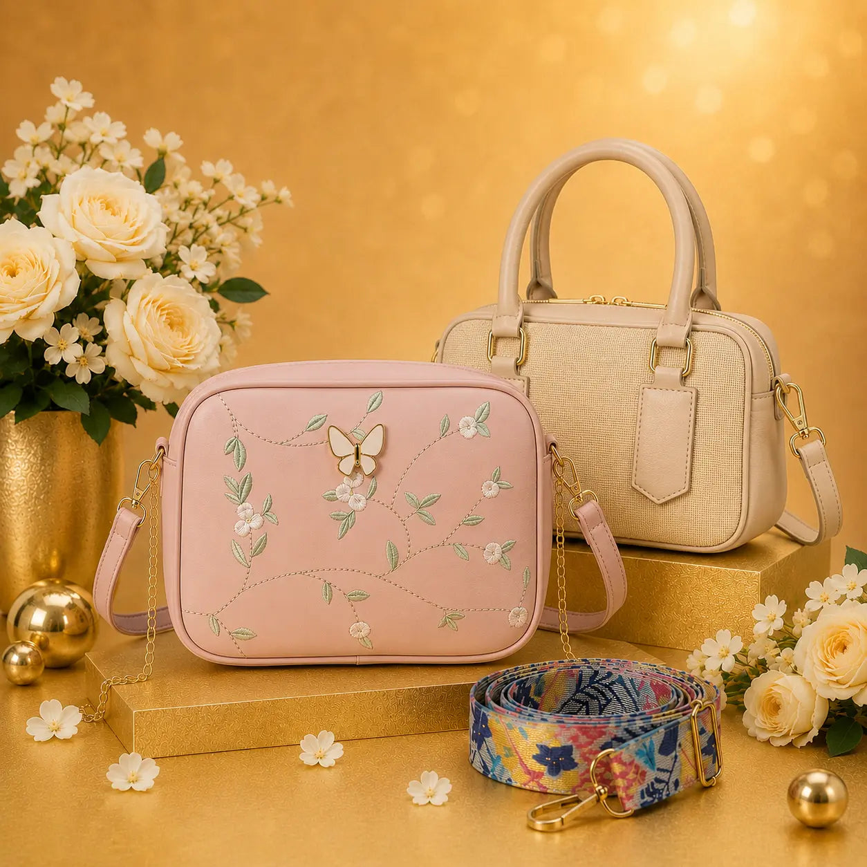 Luxury Everyday Bag Combo-Crossbody + Top Handle + Floral Strap