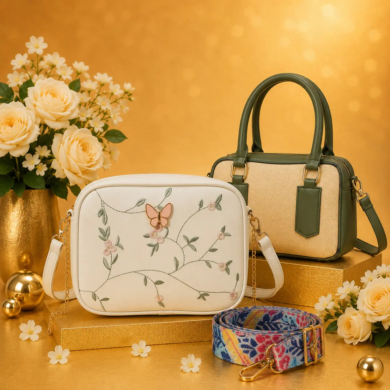 Luxury Everyday Bag Combo-Crossbody + Top Handle + Floral Strap