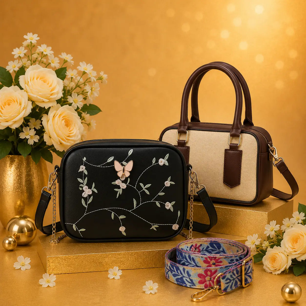 Luxury Everyday Bag Combo-Crossbody + Top Handle + Floral Strap