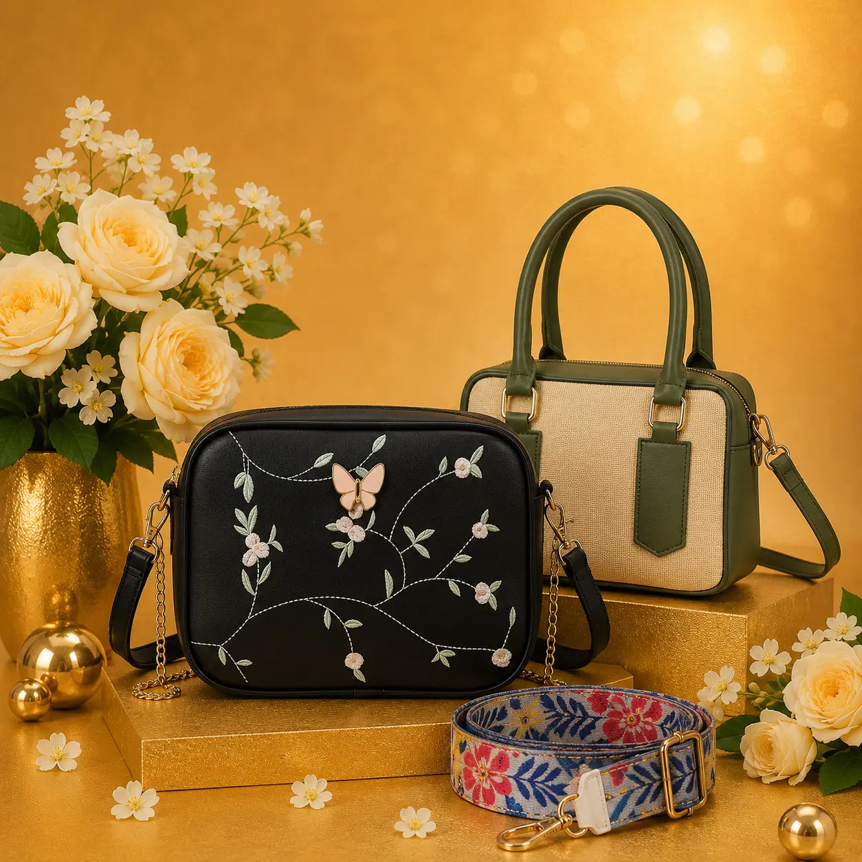 Luxury Everyday Bag Combo-Crossbody + Top Handle + Floral Strap