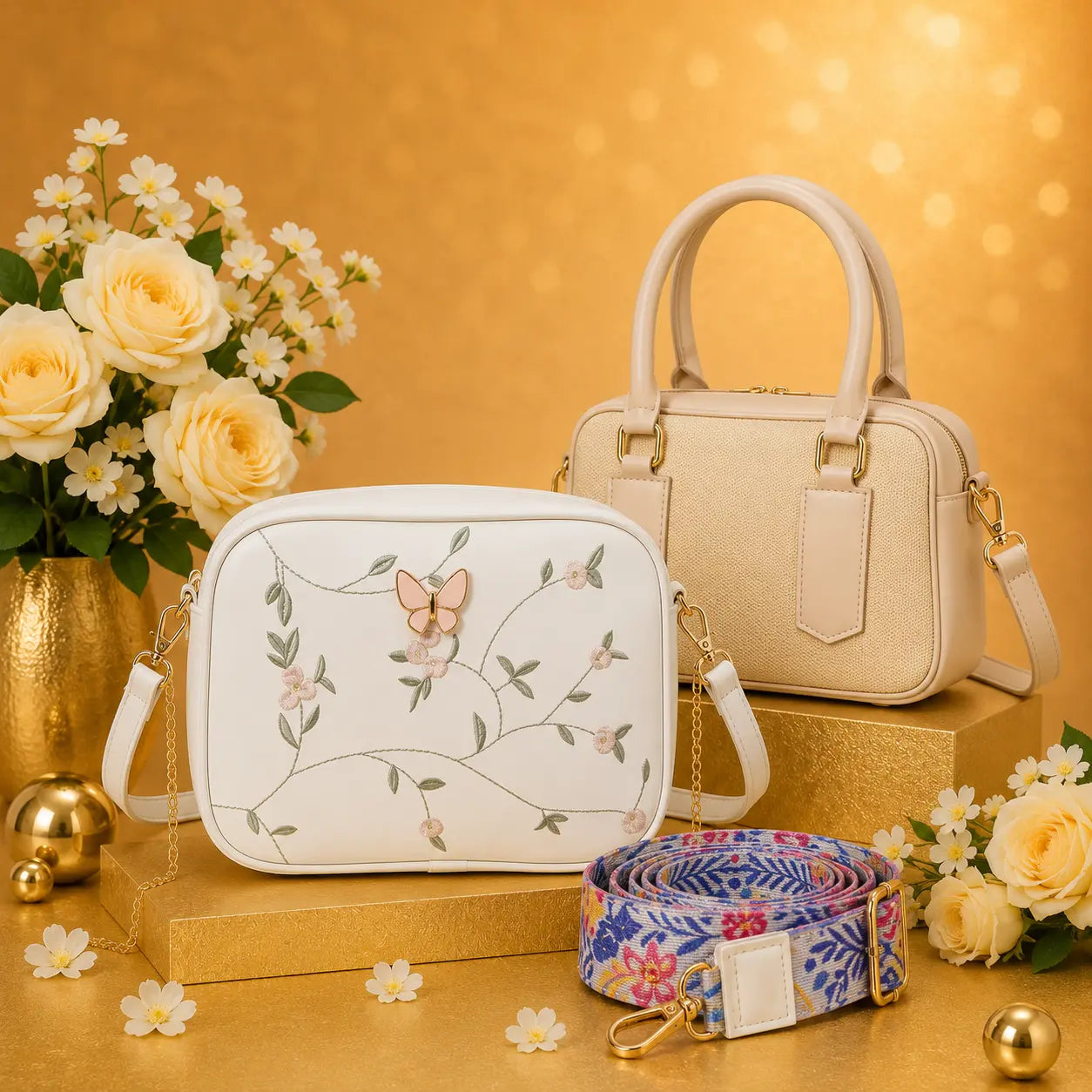 Luxury Everyday Bag Combo-Crossbody + Top Handle + Floral Strap