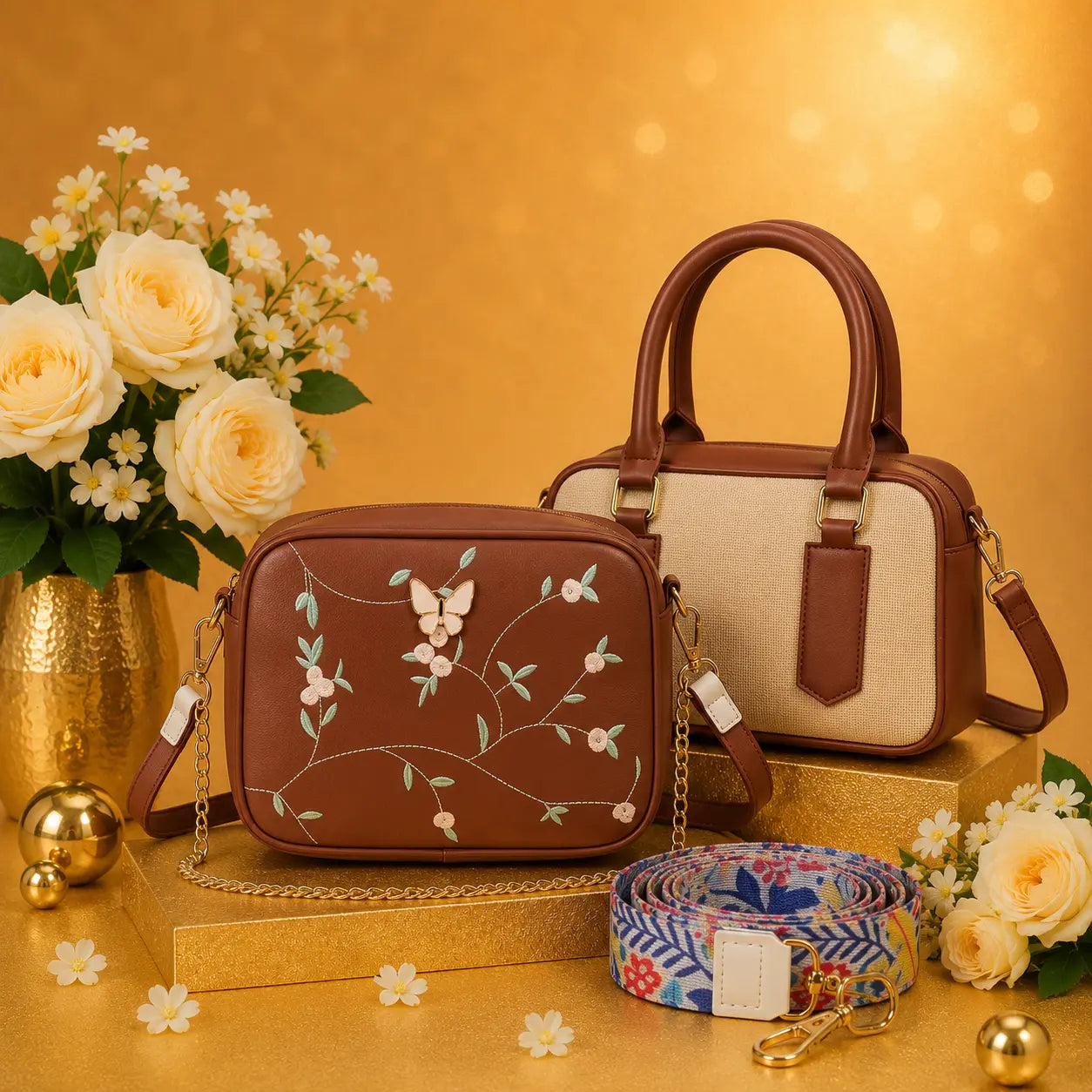 Luxury Everyday Bag Combo-Crossbody + Top Handle + Floral Strap