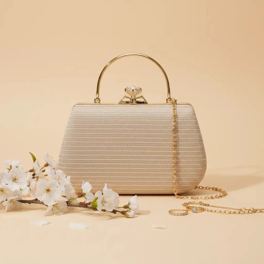 Crystal Crown Gold Evening Clutch with Chain Strap Luxury Bag