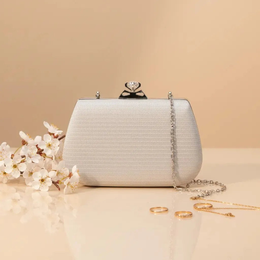 Crystal Crown Silver Evening Clutch with Chain Strap Luxury Bag