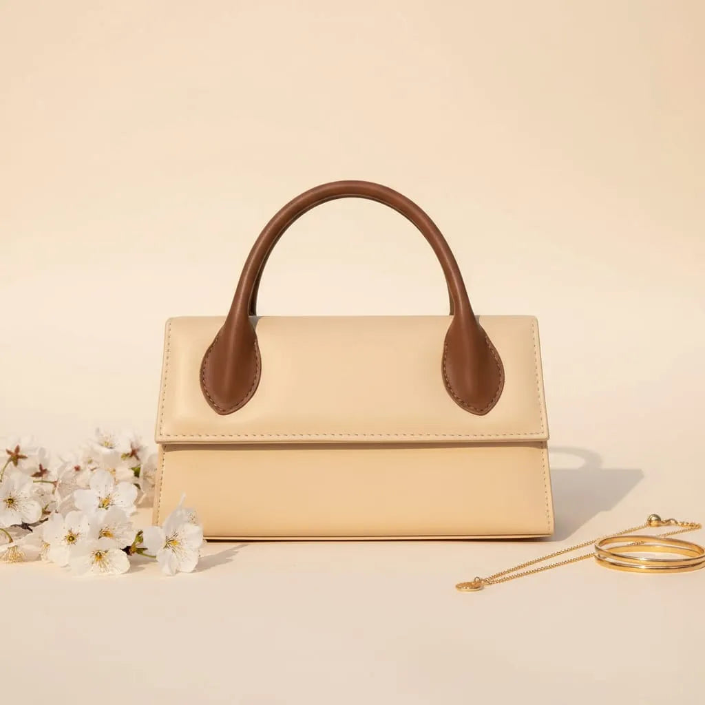 Elegant beige top handle bag for women, structured & chic style