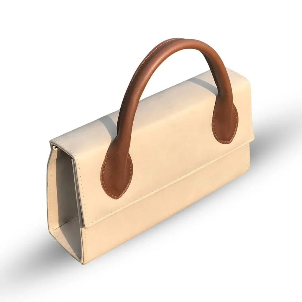 Elegant beige top handle bag for women, structured & chic style