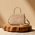 Noir Flora Beige Tote Bag for Women – Gold Handle PU Leather