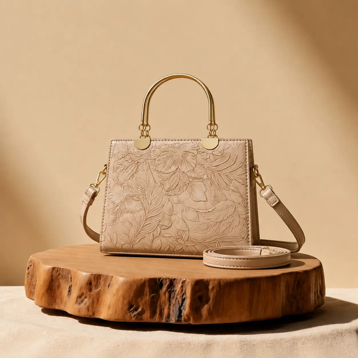Noir Flora Beige Tote Bag for Women – Gold Handle PU Leather