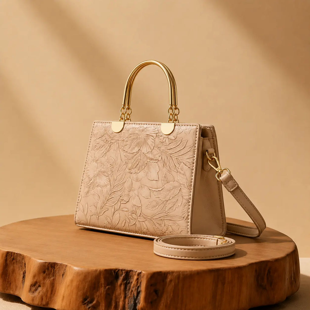 Noir Flora Beige Tote Bag for Women – Gold Handle PU Leather