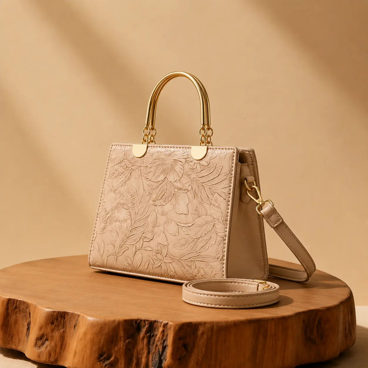 Noir Flora Beige Tote Bag for Women – Gold Handle PU Leather