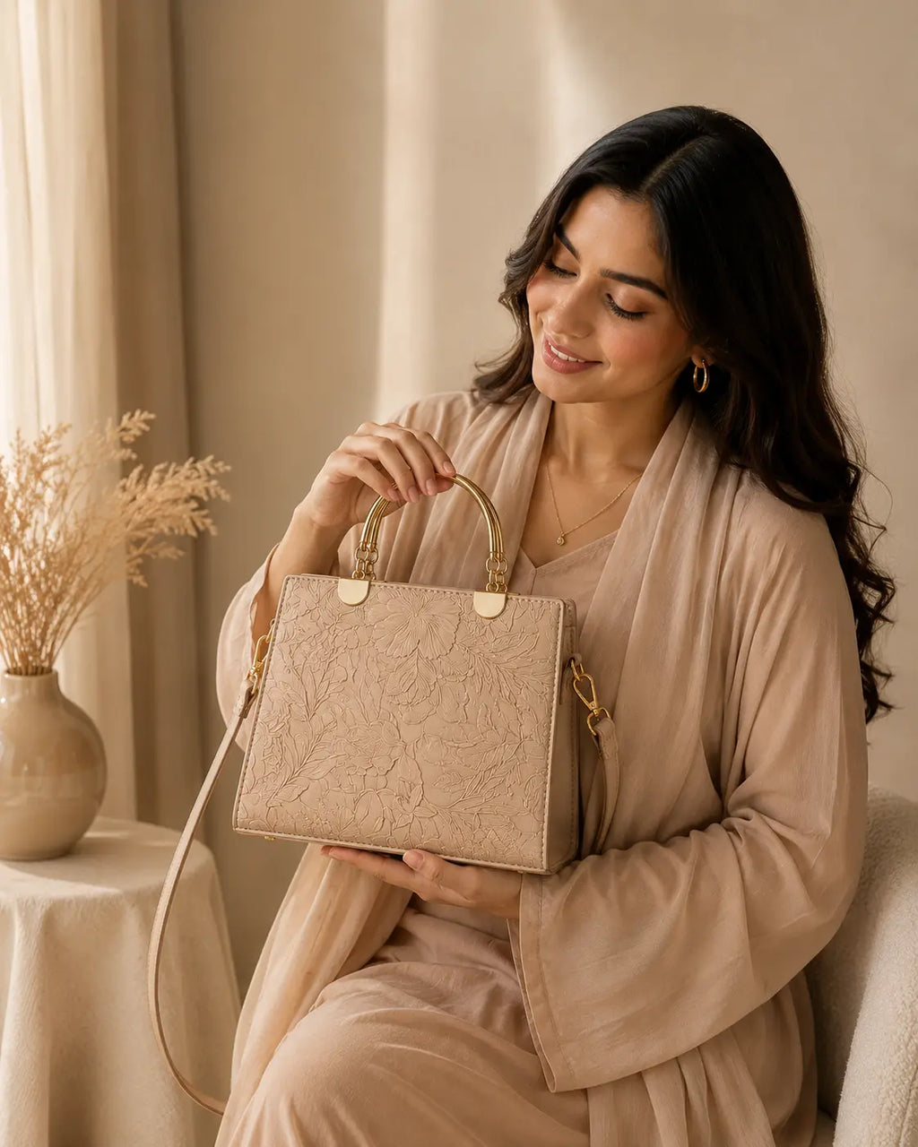 Noir Flora Beige Tote Bag for Women – Gold Handle PU Leather