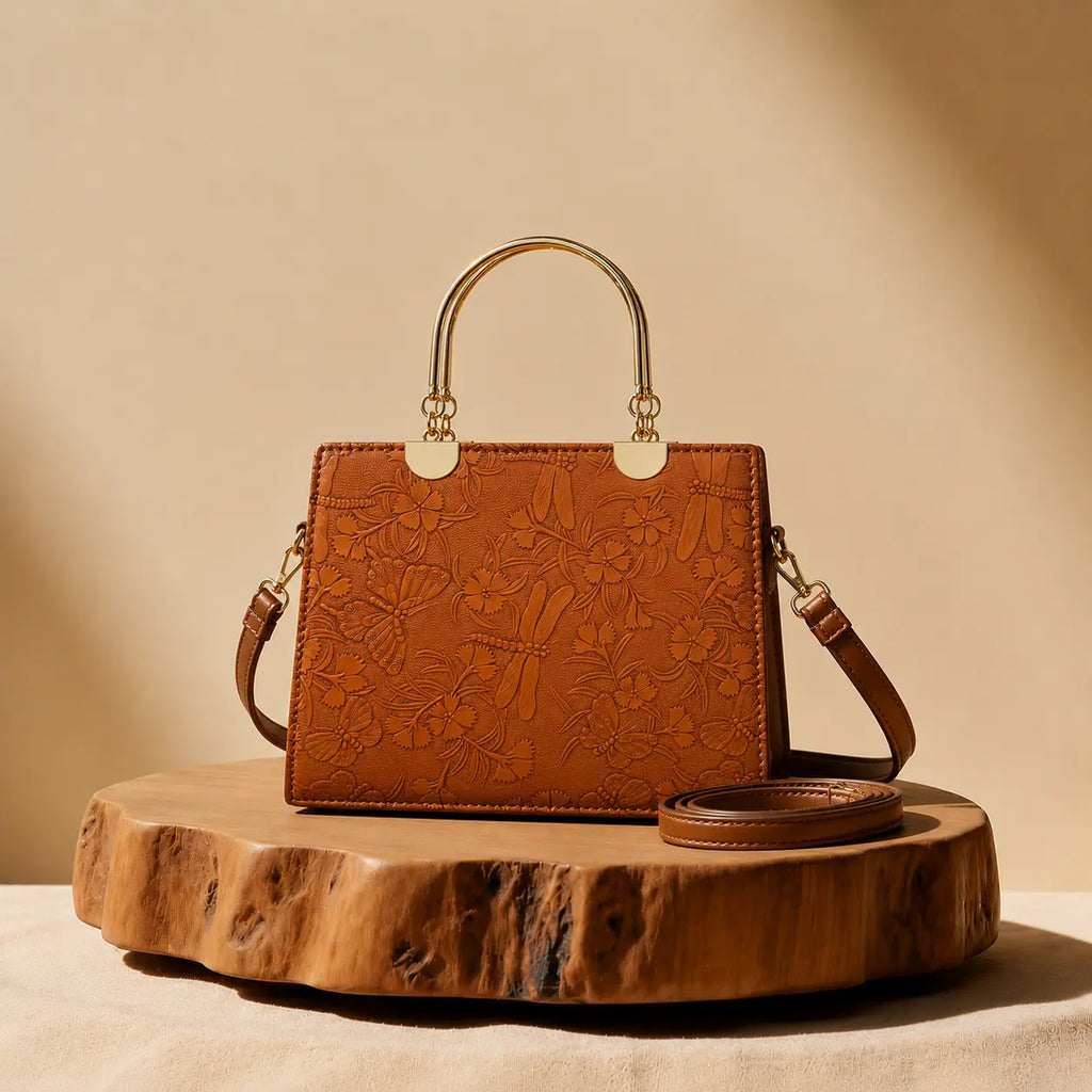 Noir Flora Brown Tote Bag for Women–Gold Handle PU Leather