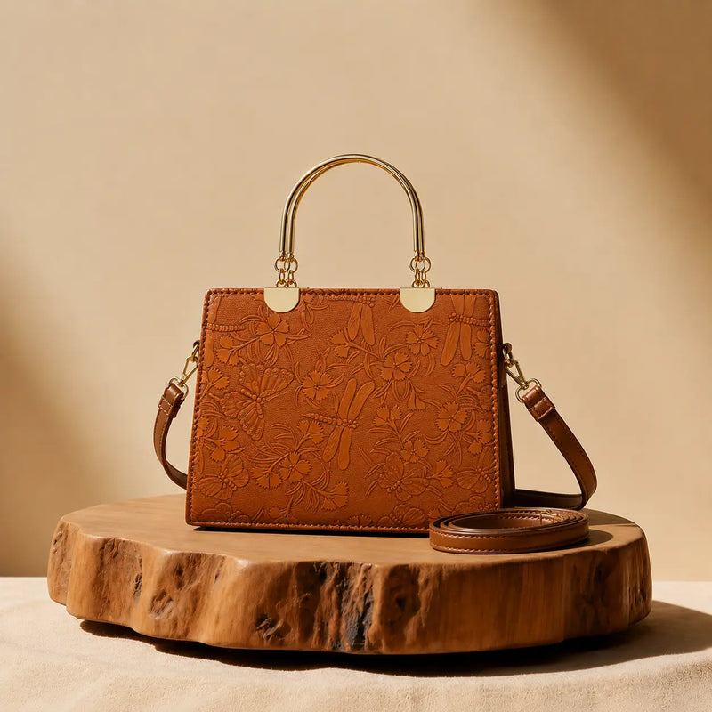 Noir Flora Brown Tote Bag for Women–Gold Handle PU Leather