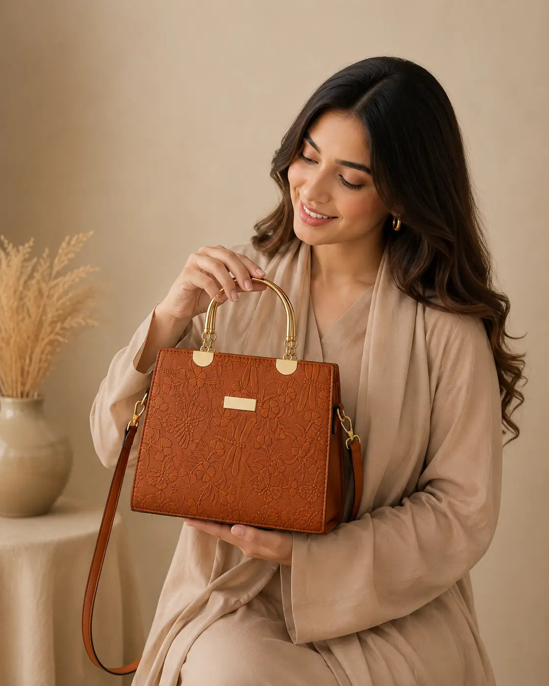 Noir Flora Brown Tote Bag for Women–Gold Handle PU Leather