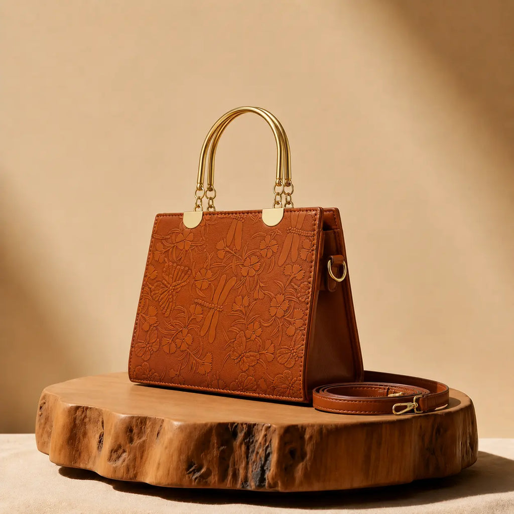 Noir Flora Brown Tote Bag for Women–Gold Handle PU Leather