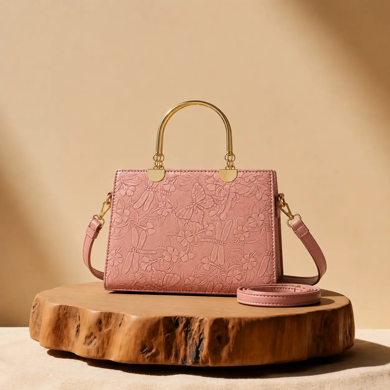 Noir Flora Pink Tote Bag for Women – Gold Handle PU Leather