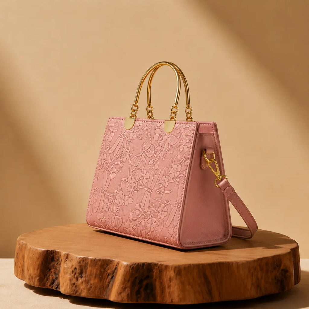 Noir Flora Pink Tote Bag for Women – Gold Handle PU Leather
