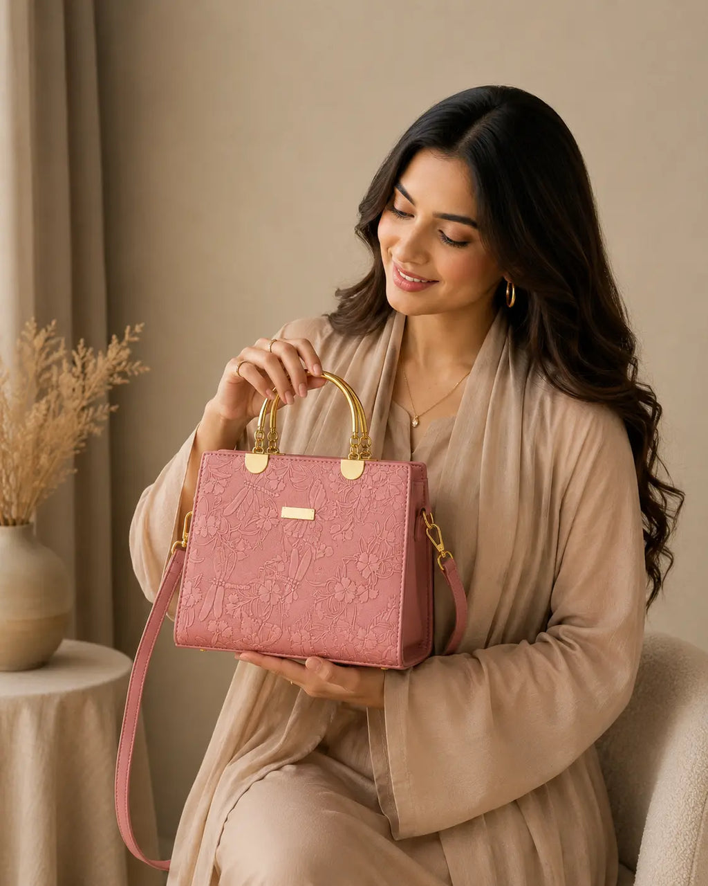 Noir Flora Pink Tote Bag for Women – Gold Handle PU Leather