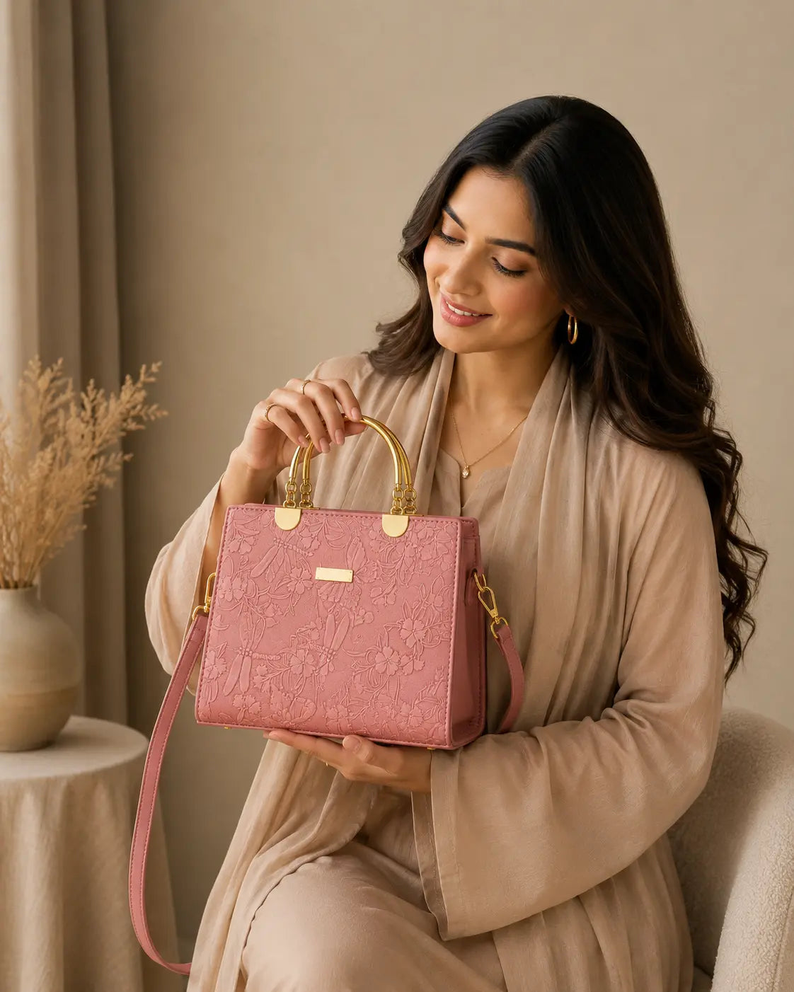 Noir Flora Pink Tote Bag for Women – Gold Handle PU Leather