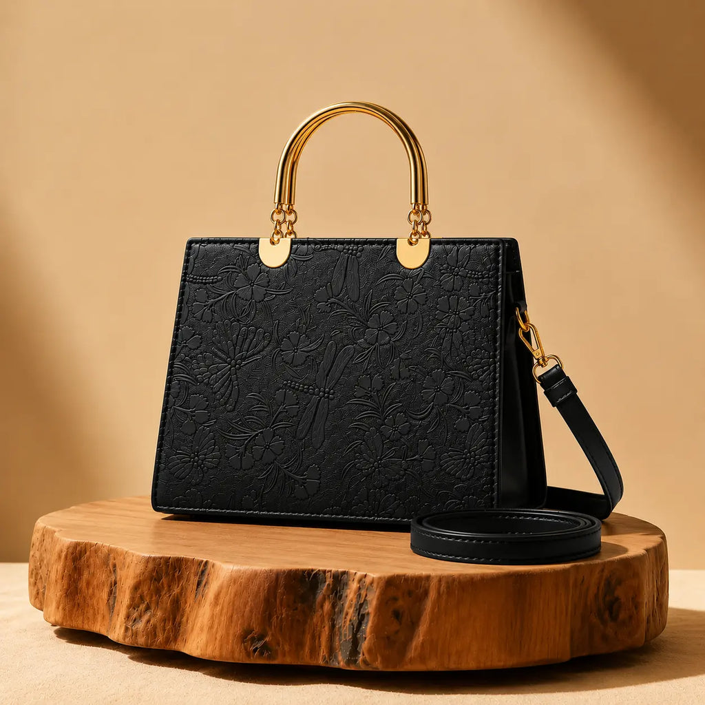 Noir Flora Black Tote Bag for Women – Gold Handle PU Leather