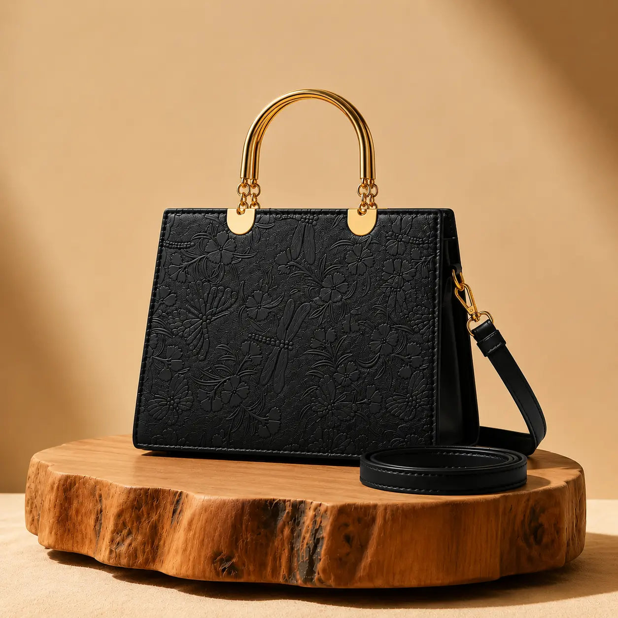 Noir Flora Black Tote Bag for Women – Gold Handle PU Leather