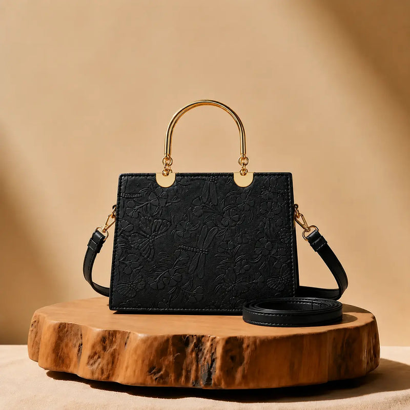 Noir Flora Black Tote Bag for Women – Gold Handle PU Leather