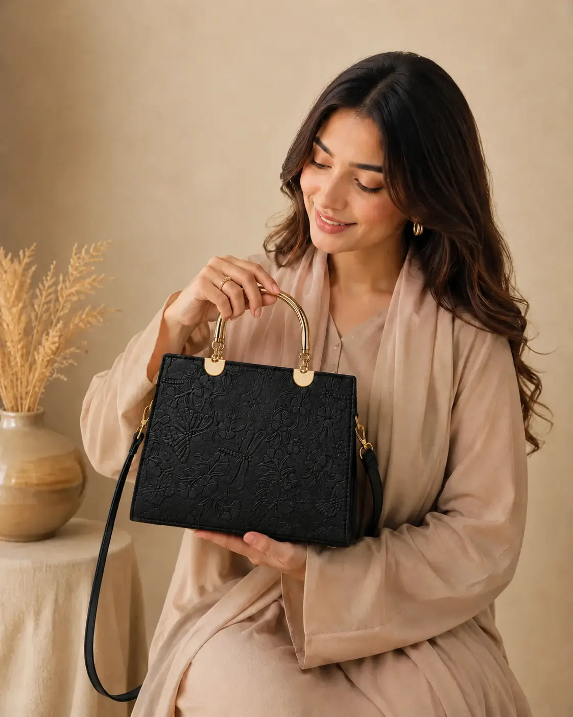 Noir Flora Black Tote Bag for Women – Gold Handle PU Leather