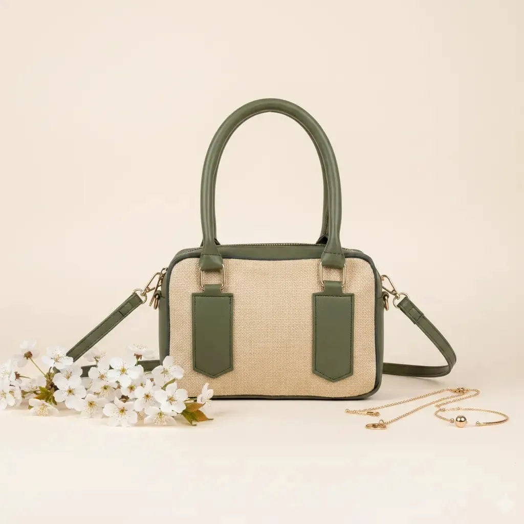 Noor Classic Olive Green Handbag – Elegant Top Handle Bag with Long Strap for Women & Girls