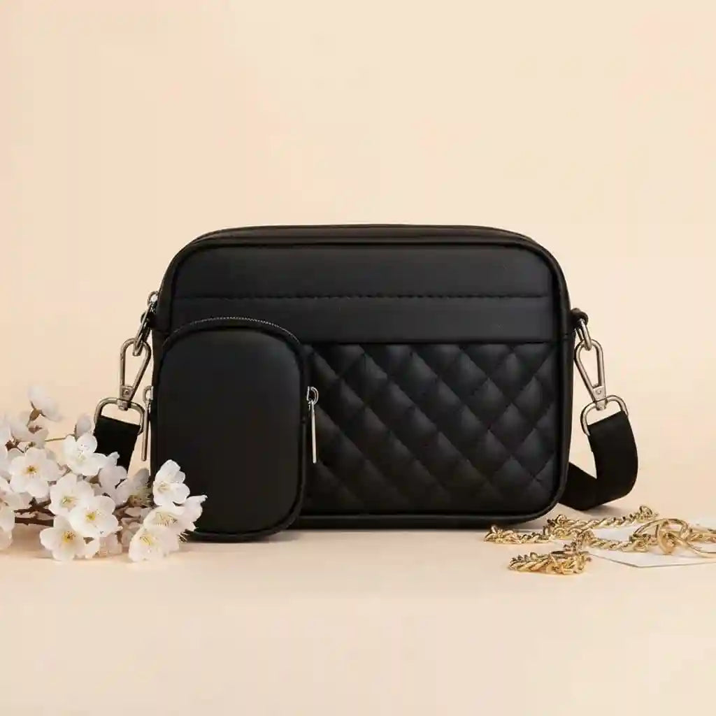 Quilted Black Crossbody Bag with Coin Pocket for Women