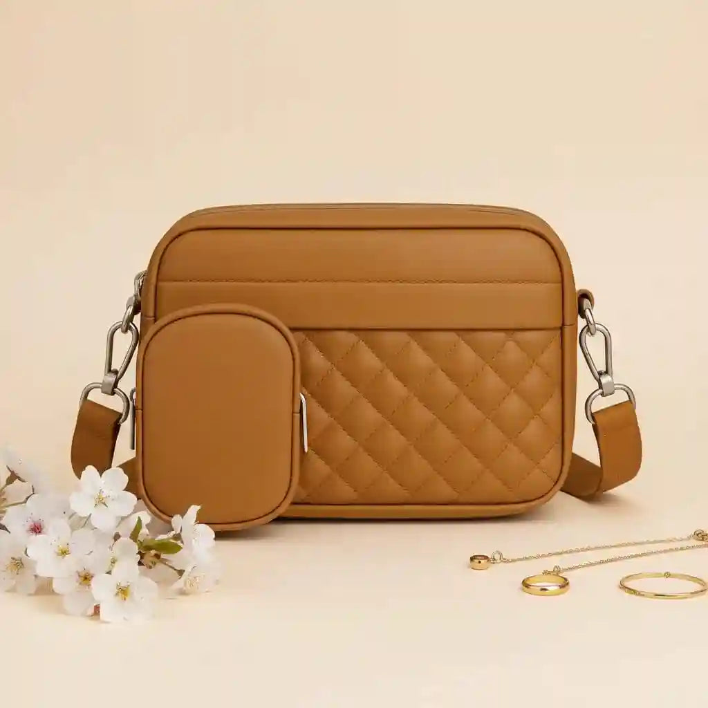 Quilted Brown Crossbody Bag with Coin Pocket for Women
