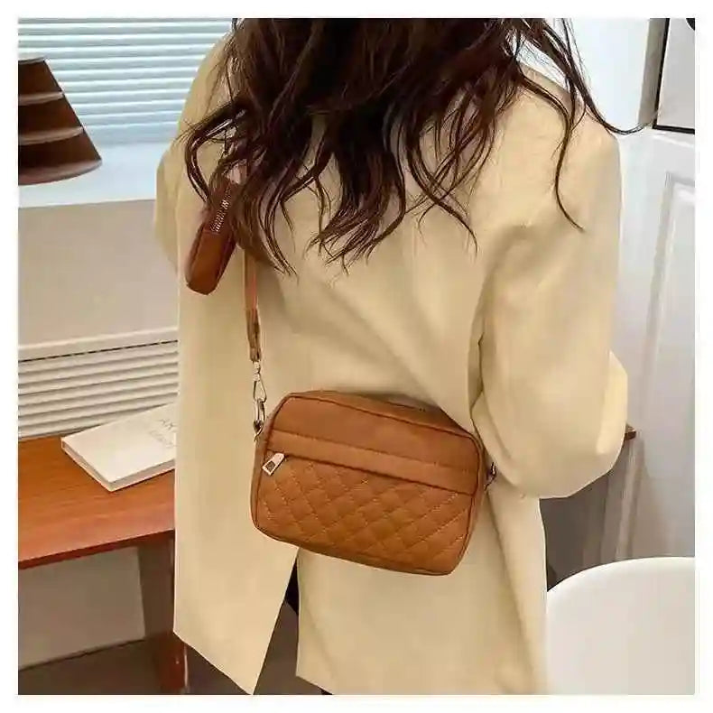 Quilted Brown Crossbody Bag with Coin Pocket for Women