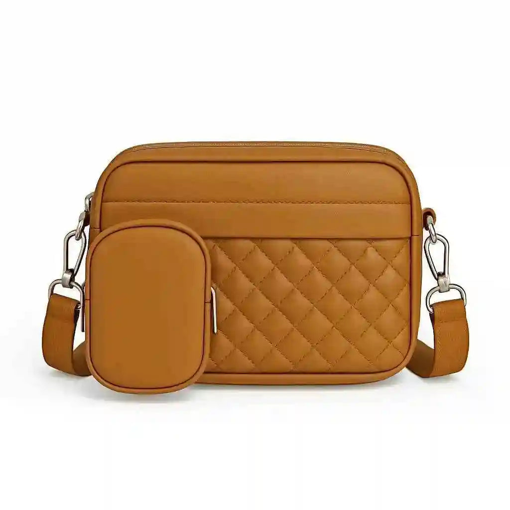 Quilted Brown Crossbody Bag with Coin Pocket for Women