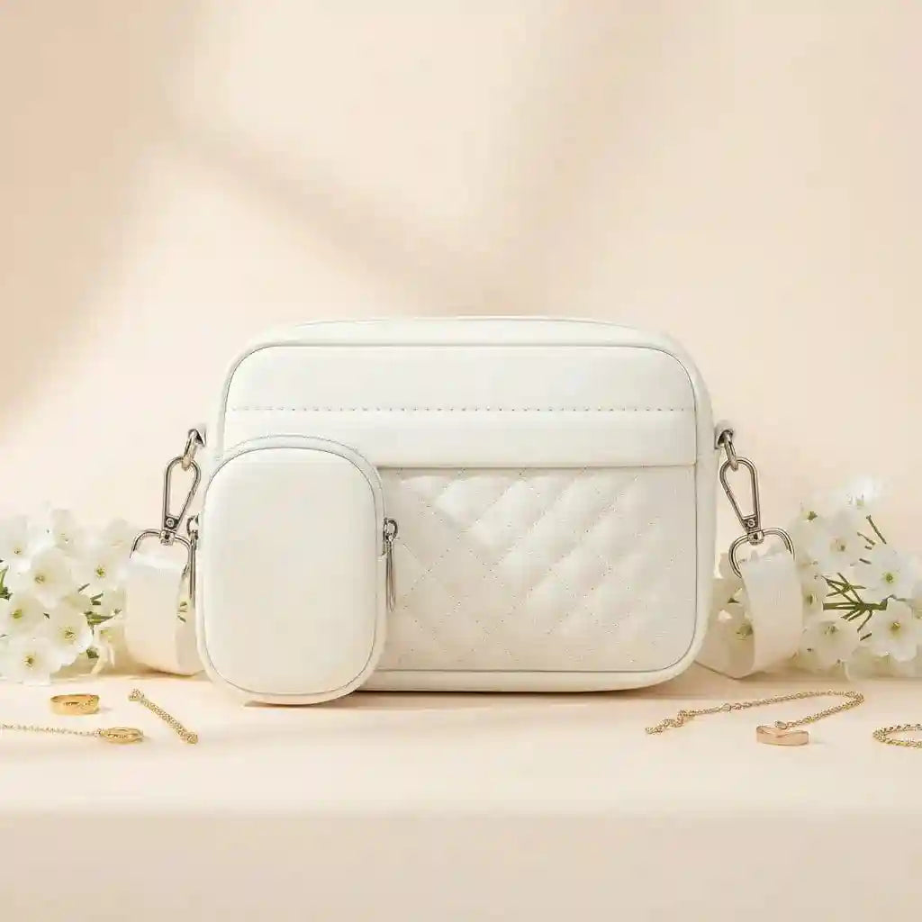 Quilted White Crossbody Bag with Coin Pocket for Women