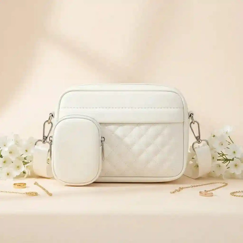 Quilted White Crossbody Bag with Coin Pocket for Women