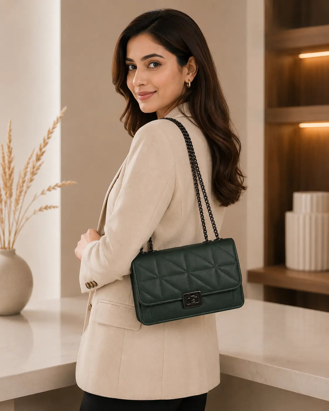 Quilted Green Crossbody Bag for Women Stylish Ladies Handbag in Pakistan | Trendy & Elegant Design