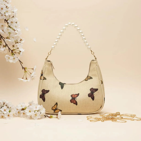Rangon Ki Titli Pearl Handle Shoulder Bag – Butterfly Print Elegant Handbag for Women