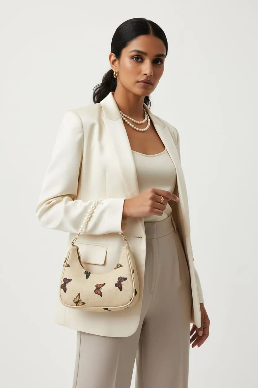 Rangon Ki Titli Pearl Handle Shoulder Bag – Butterfly Print Elegant Handbag for Women