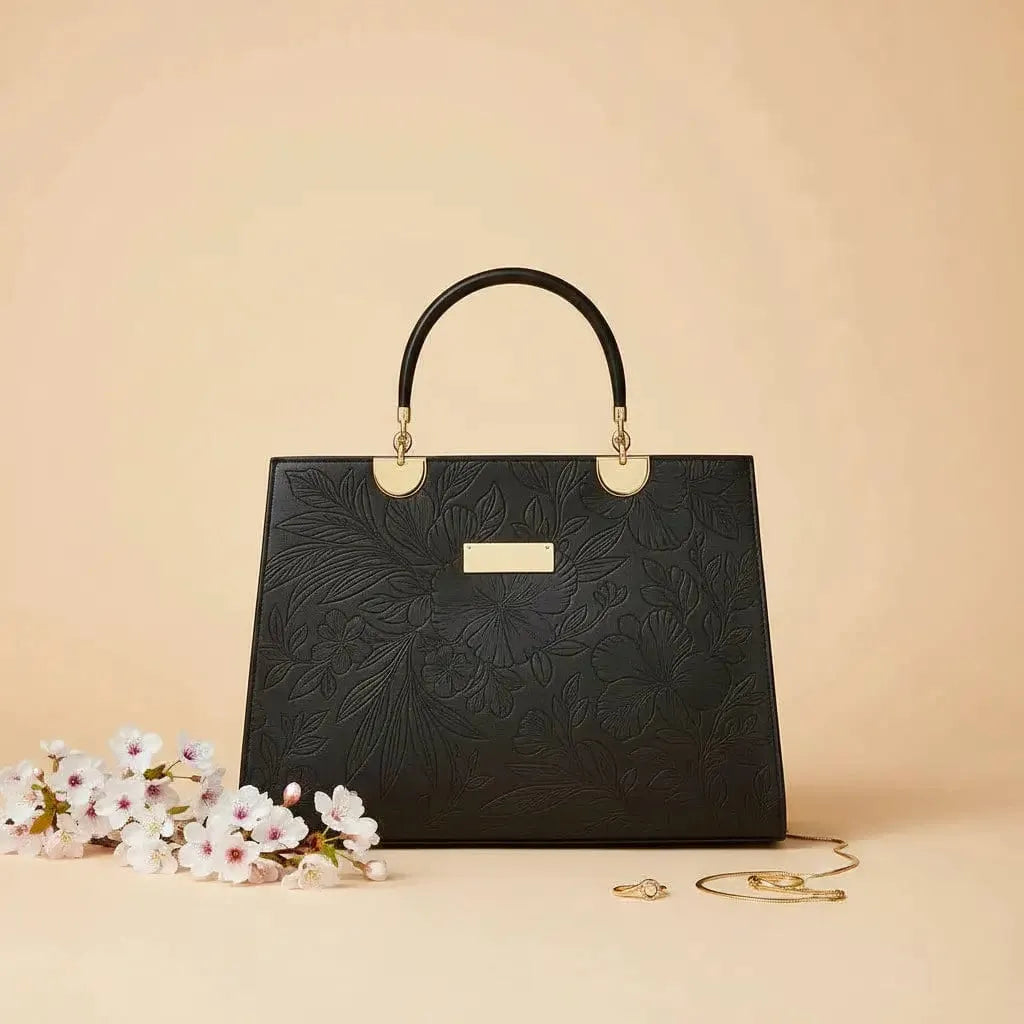 Noir Flora Black Tote Bag for Women – Gold Handle PU Leather