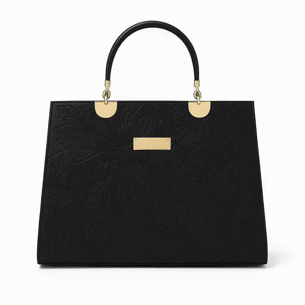 Noir Flora Black Tote Bag for Women – Gold Handle PU Leather