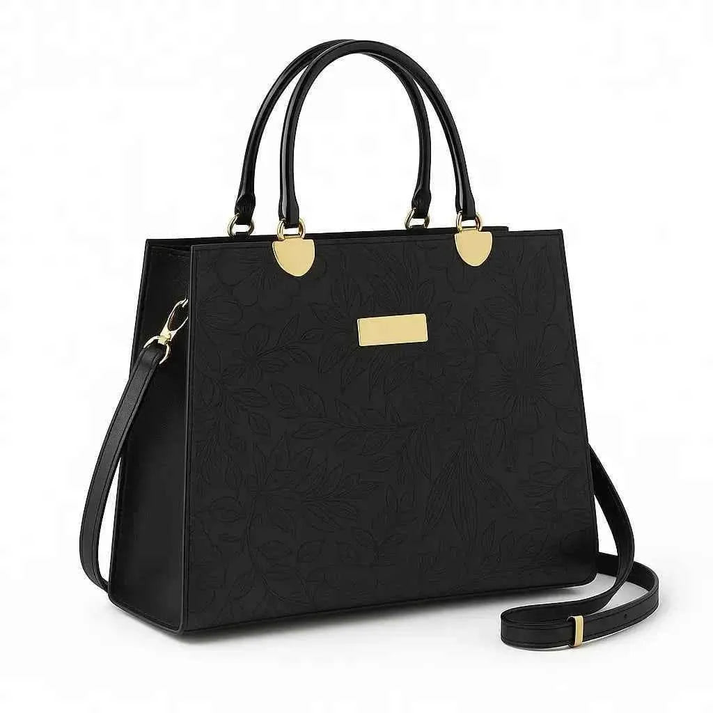 Noir Flora Black Tote Bag for Women – Gold Handle PU Leather